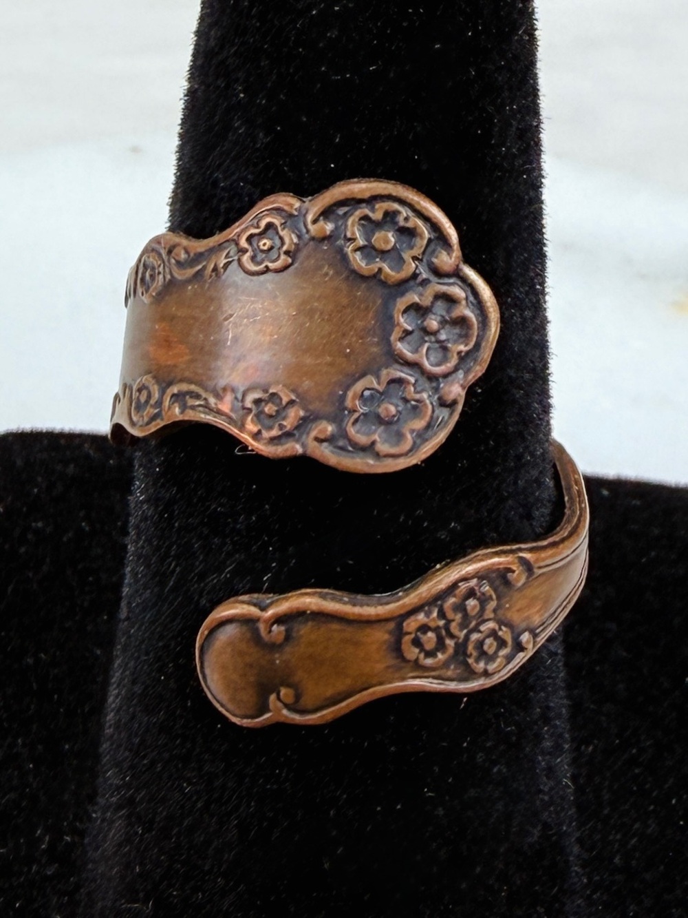 Vintage Copper Tone Floral Spoon Ring Wrap Adjustable Size 4–5